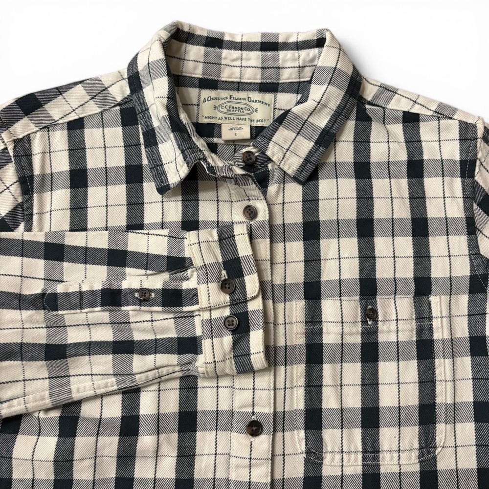 Filson Flannel Shirt Women's L Cream Black Plaid Cotton Workwear Embroidered